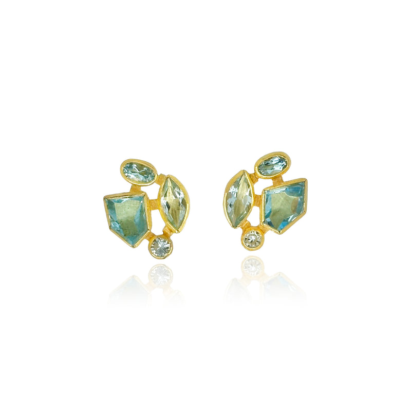 Mixed Shape Cluster Earrings with Faceted Aquamarines