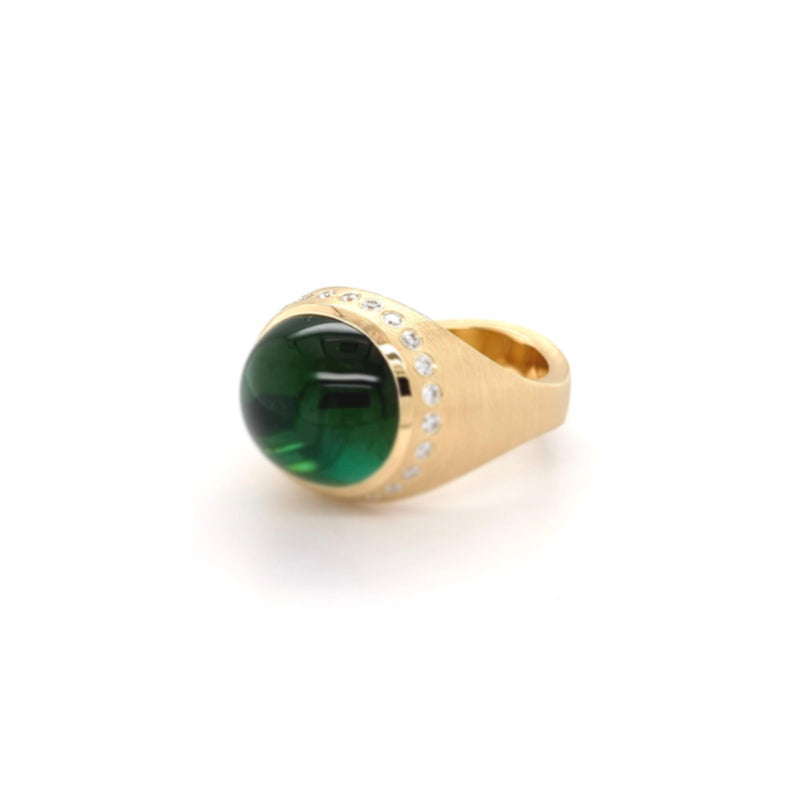 High Domed Radiant Green Tourmaline Ring with Diamond Surround