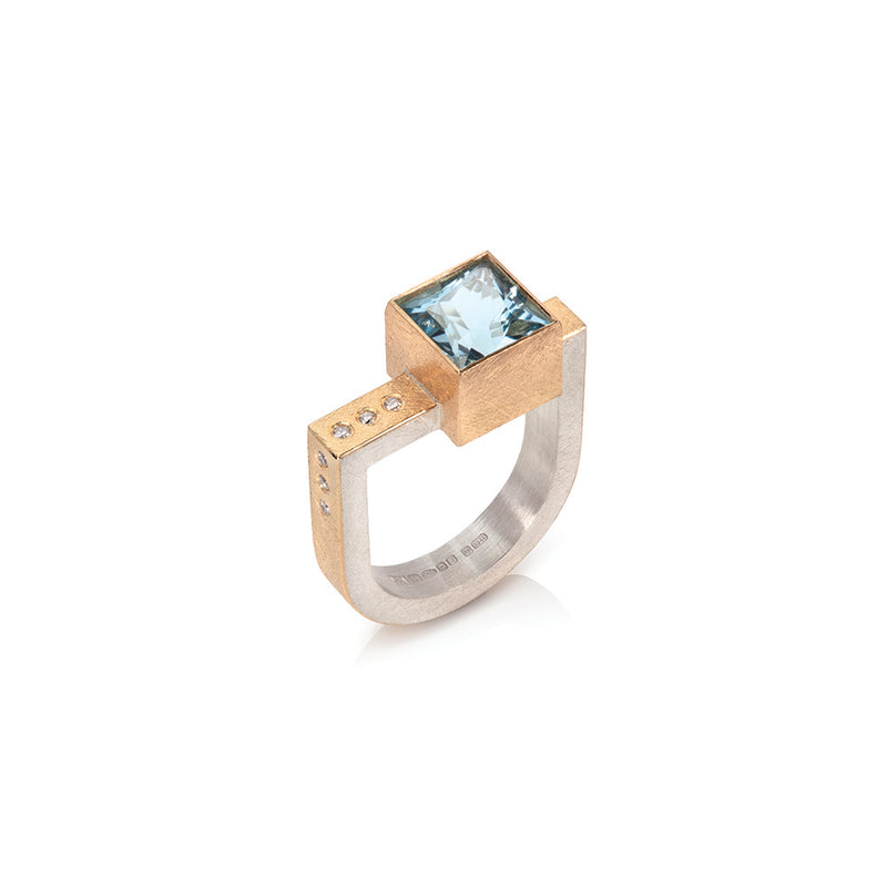 Square Aquamarine U-Shaped Ring with Diamonds