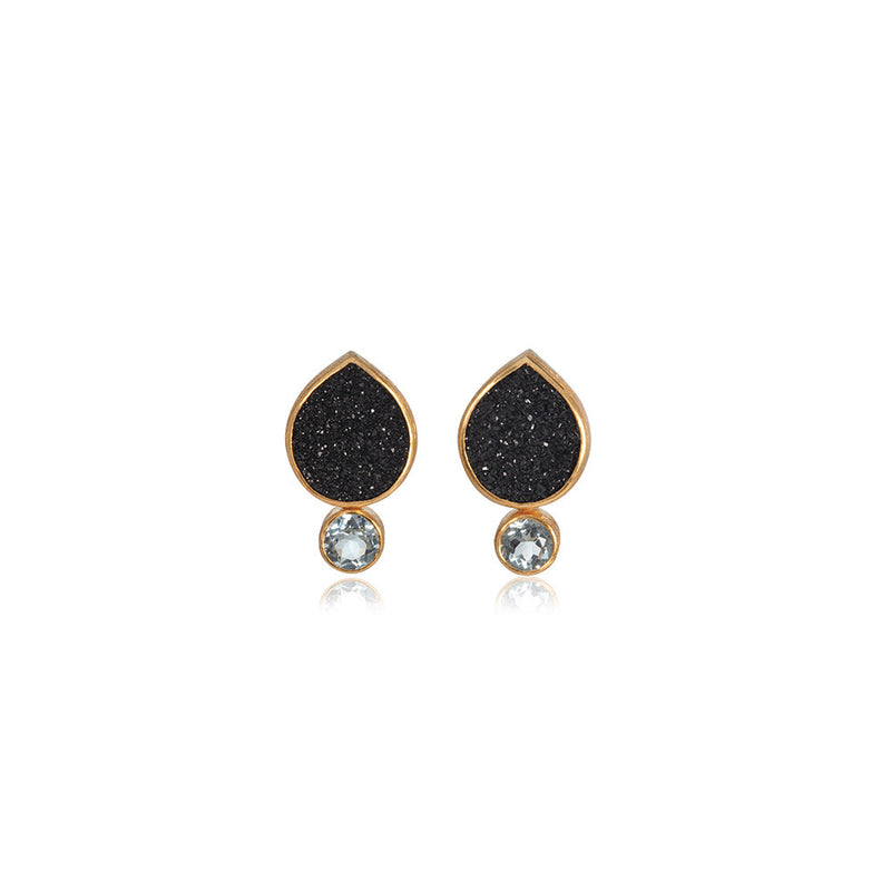 Tear Drop Black Drusy with Aquamarine Earrings