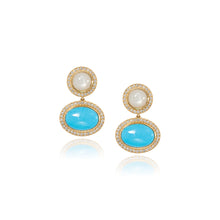 Aurora stud earrings with white moonstone and turquoise drops, surrounded by pavé-set diamonds, 1.13 cttw., with a high polish. Earrings are 1 3/16" long x 3/4" wide (30 x 19mm).