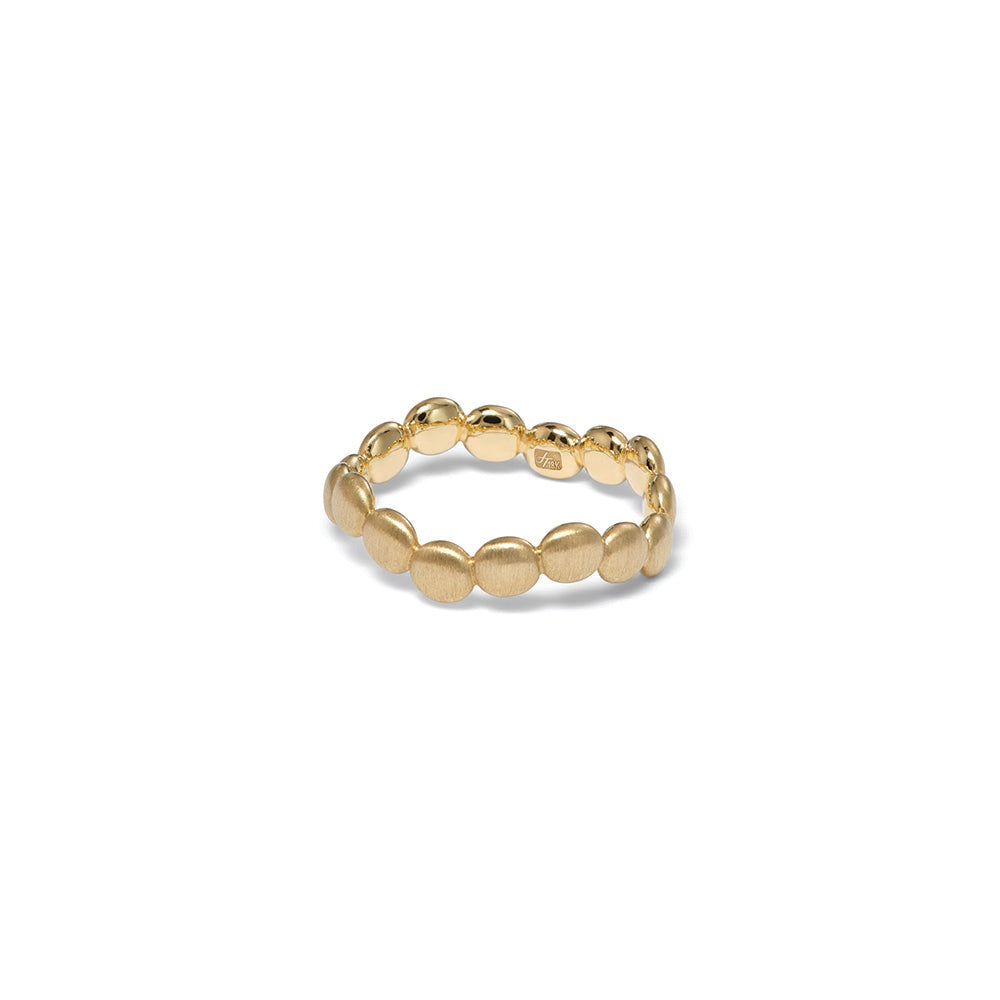 Beaded curved stacking ring in 18k yellow gold in a satin finish. Ring is 1/8" wide (3mm) and is a size 6.75.