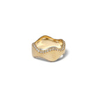 Double curve ring in 18k yellow gold with pavé-set diamonds on both sides, 1.09 cttw, and a satin finish. Ring is 3/8" wide (10mm) and is a size 7.5.