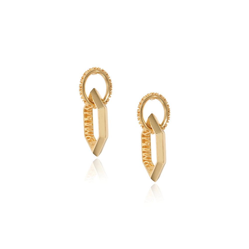 18k yellow gold infinity earrings with a circular post and an interlocking elongated hexagonal drop. Earrings are 1 1/4" long x 1/2" wide (32 x 12mm)