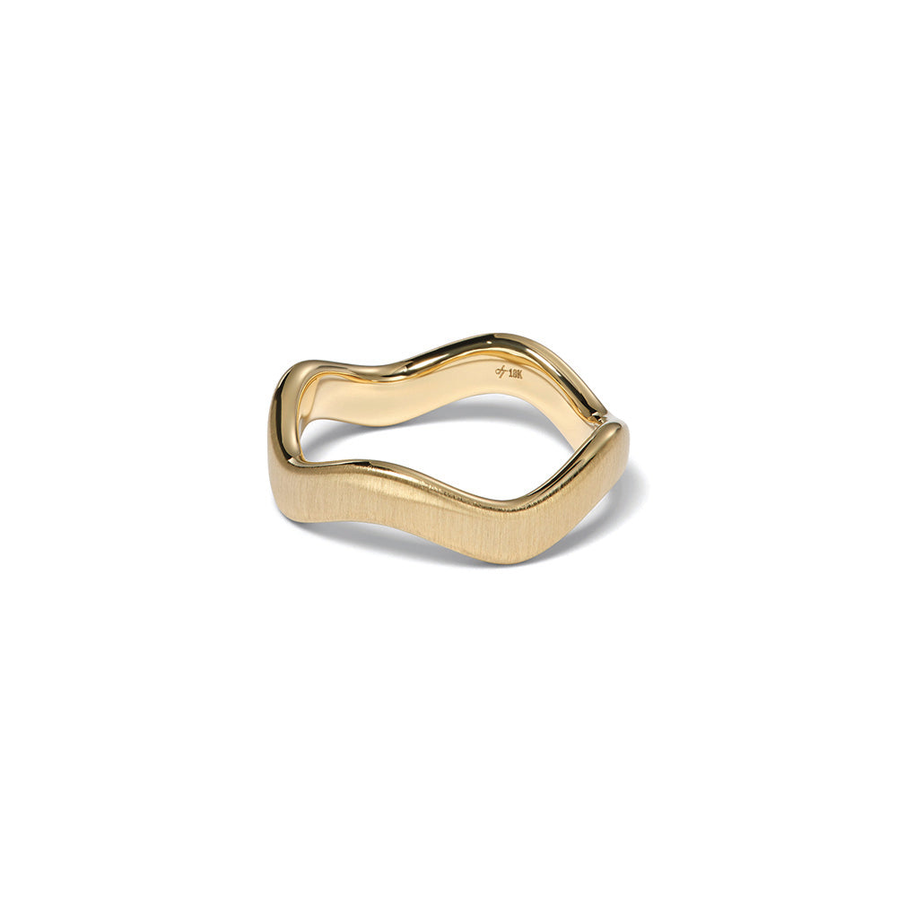 Thick curve stacking ring in 18k yellow gold with a satin finish, ring is 1/8" wide (3mm) and is a size 7.75