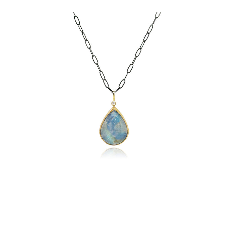 Pear Cut Rainbow Moonstone Pendant with Diamond