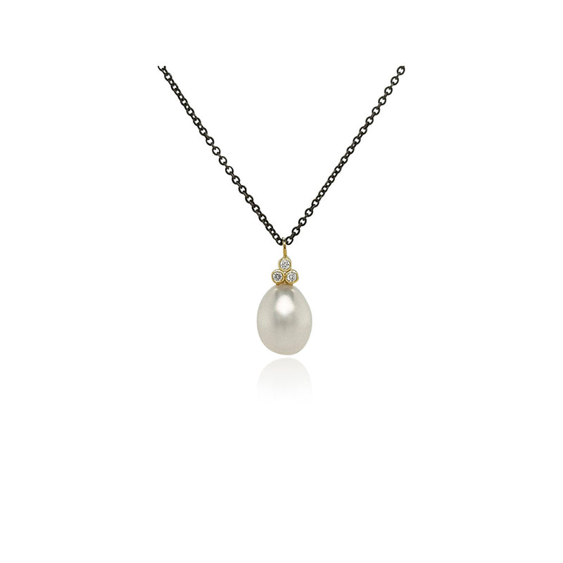 Pearl Drop Pendant with Diamond Set in 18Ky Gold and Oxidized Sterling Silver Cable Chain