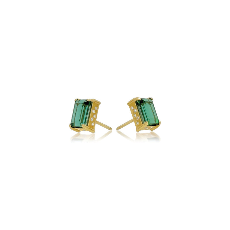 Emerald Cut Green Tourmaline Studs with Diamonds in Bezel
