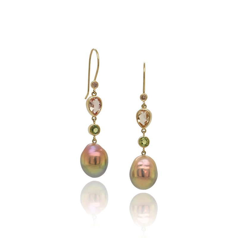 Imperial Topaz, Green Sapphire, Champagne Diamond and Pearl Earrings