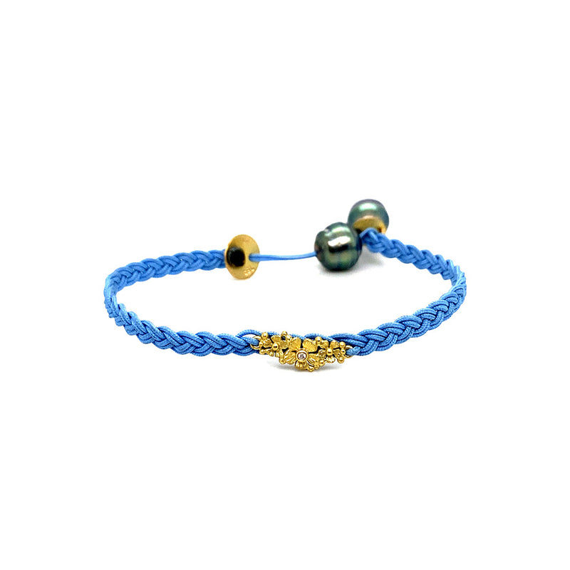 Braided Blue Bracelet with 18K Flowers and Tahitian Pearls