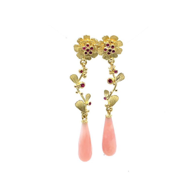 Ruby Flower Earrings with Pink Opal Drops