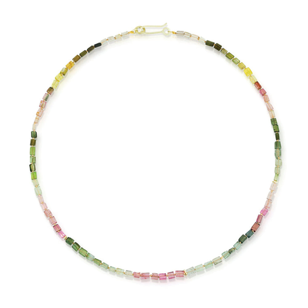 Multicolor tourmaline cube necklace with 14k green gold clasp