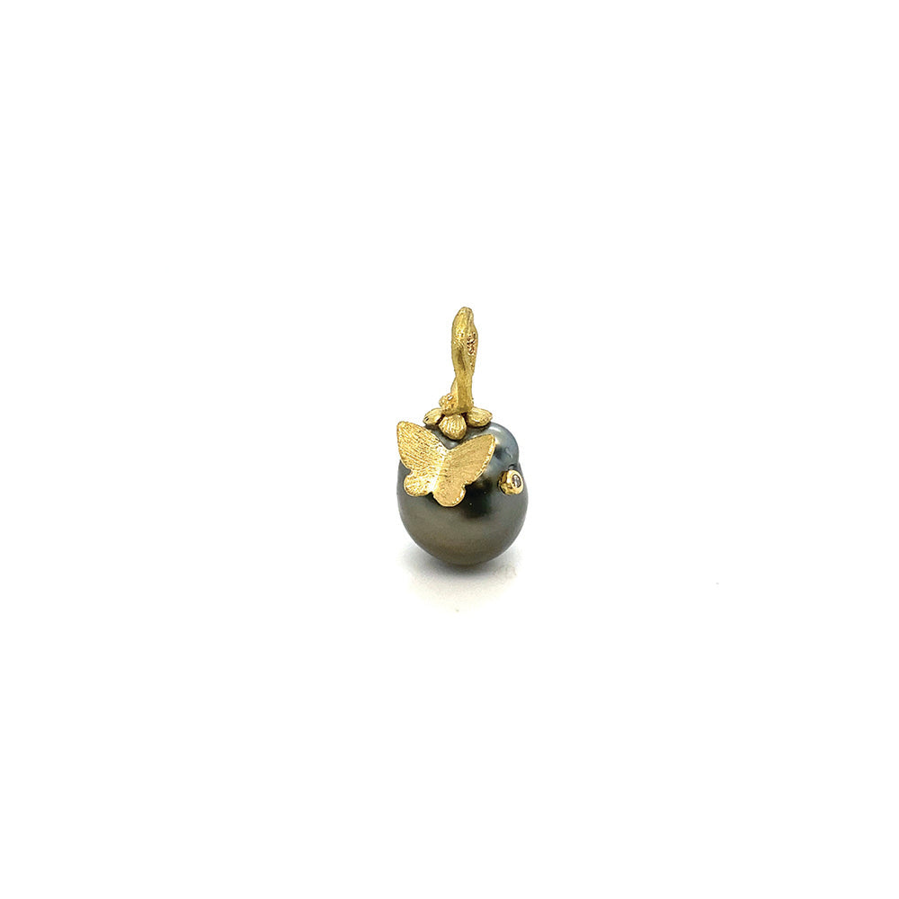 Tahitian pearl pendant with hand-crafted 18k yellow gold flower bale and butterfly, and a white diamond accent, 0.01 ct. **Chain sold separately**