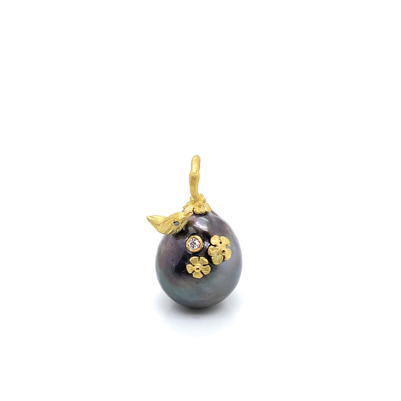 Tahitian Pearl Pendant with 18K Yellow Gold Bird and Flowers