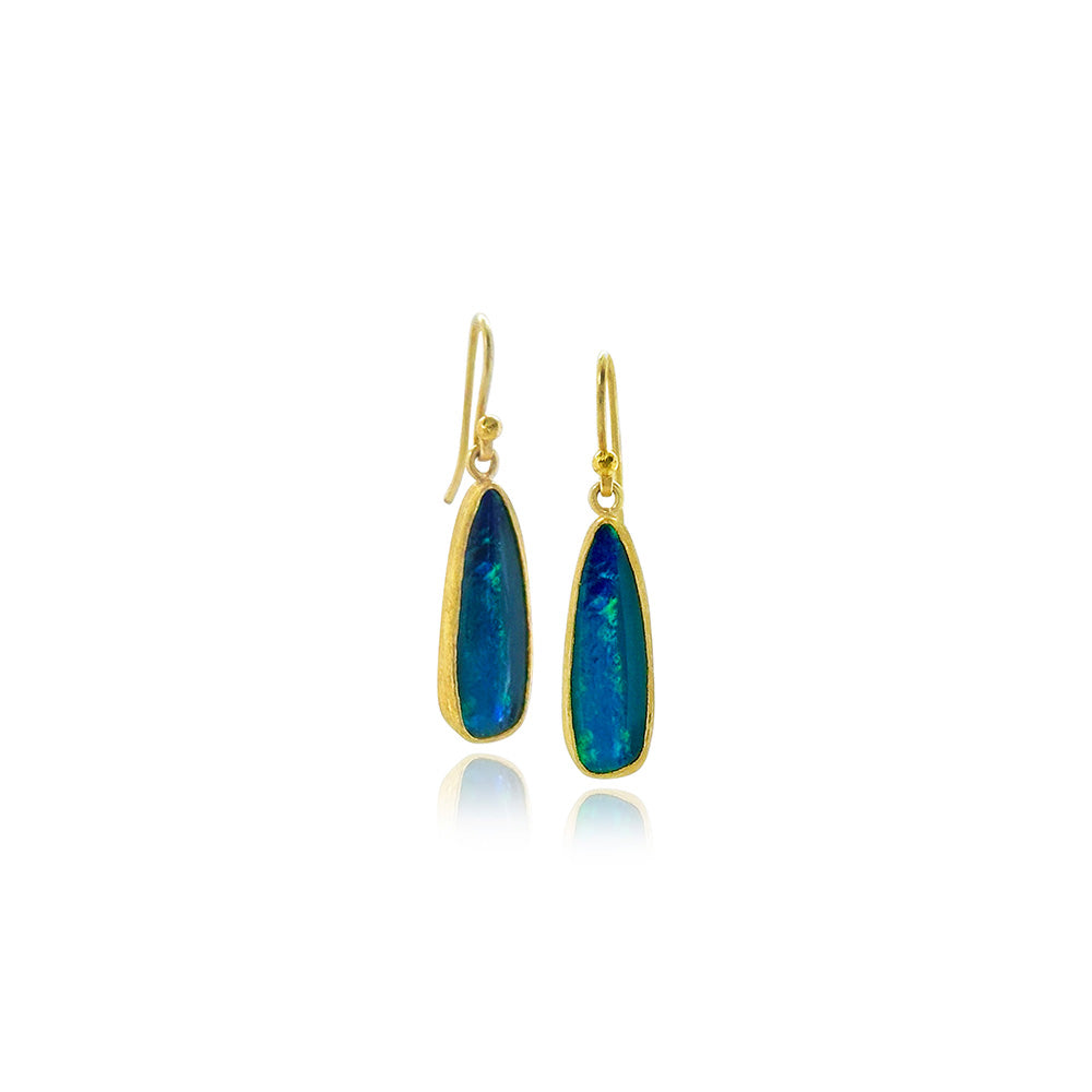 Elongated Australian Boulder opal doublet earrings, set in 22k and 18k yellow gold on French wires. Opals are 3/4" long x 5/16" wide (20 x 7 mm) and total length with wires is 1 1/4" (33 mm).