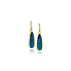 Elongated Australian Boulder opal doublet earrings, set in 22k and 18k yellow gold on French wires. Opals are 3/4" long x 5/16" wide (20 x 7 mm) and total length with wires is 1 1/4" (33 mm).
