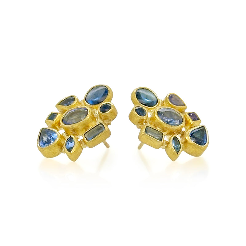Mosaic Cluster Earrings with Mixed Shape and Cut Blue Sapphires