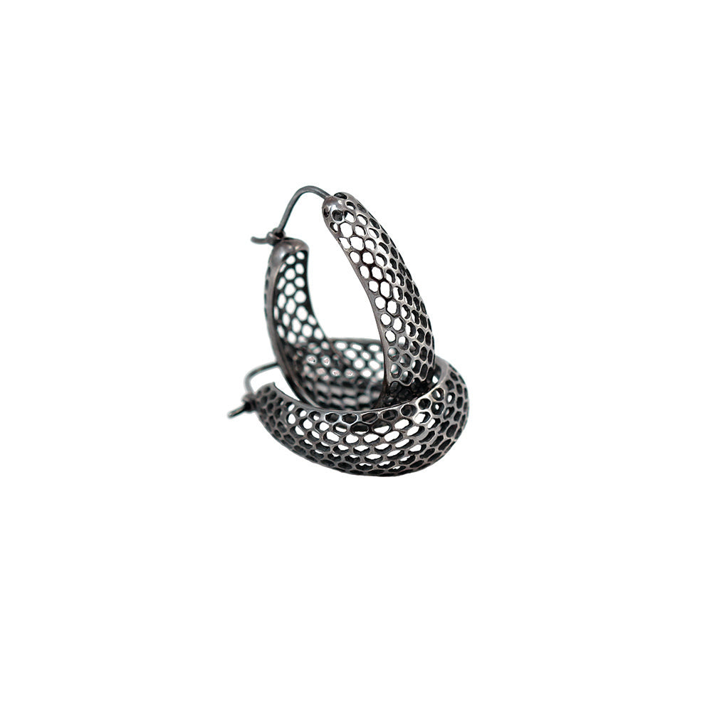 Small oval snakesking hoop earrings in oxidized sterling silver