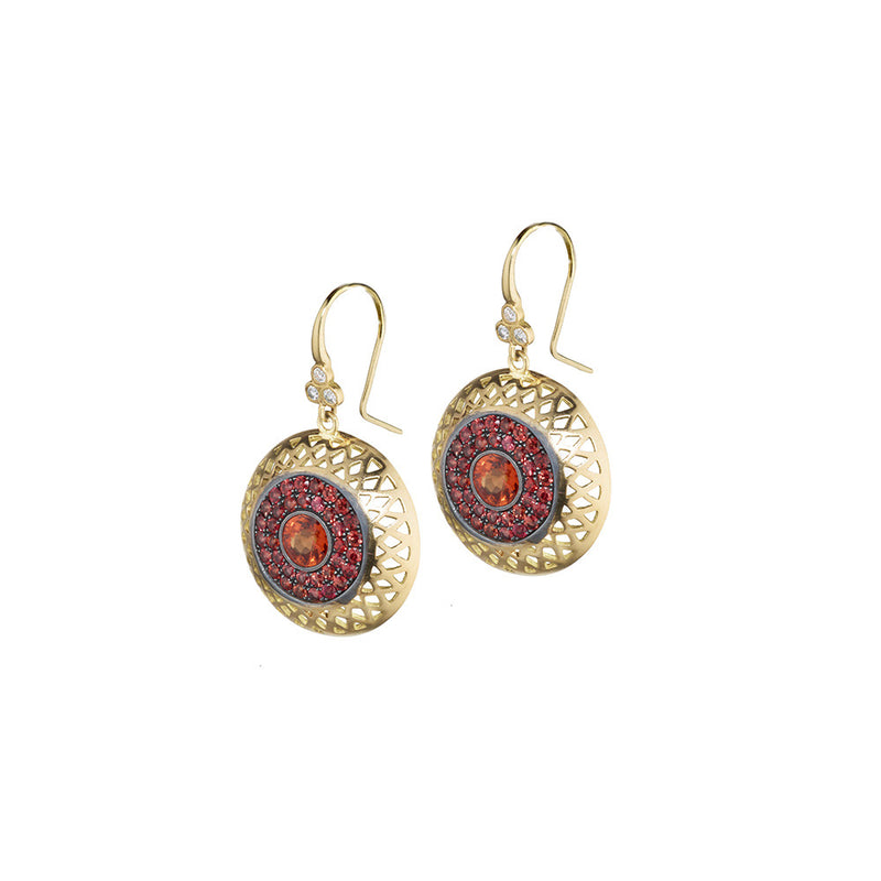 Orange Sapphire Crownwork Disc Earrings