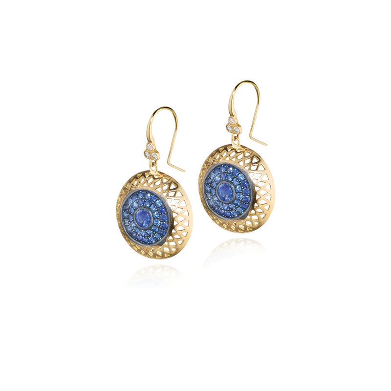 Crownwork Disc Earrings with Blue Sapphires