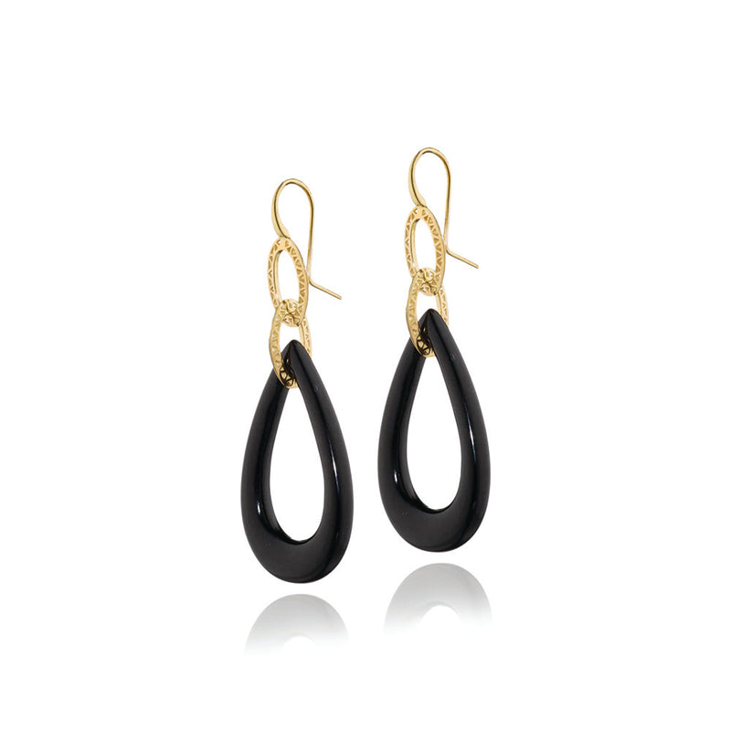 Carved Onyx Drop Earrings with 18K Gold Crownwork Links