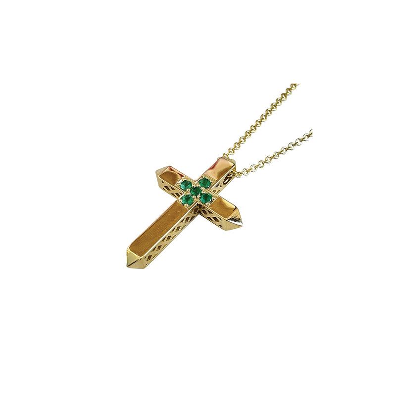 18K Yellow Gold Cross with Emeralds