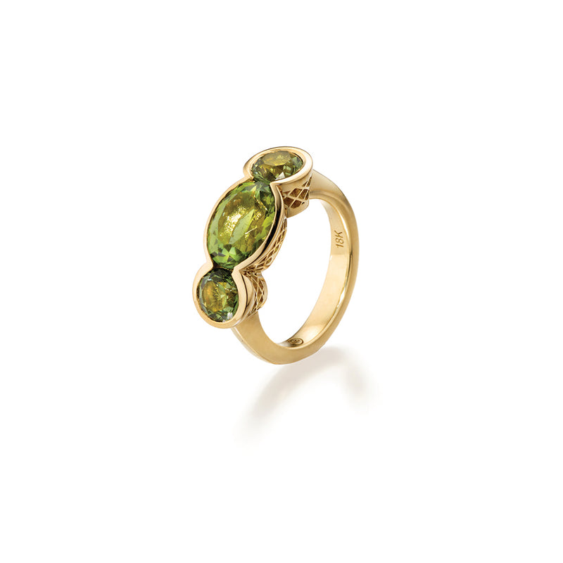 Three Stone Scallop Ring with Green Tourmalines