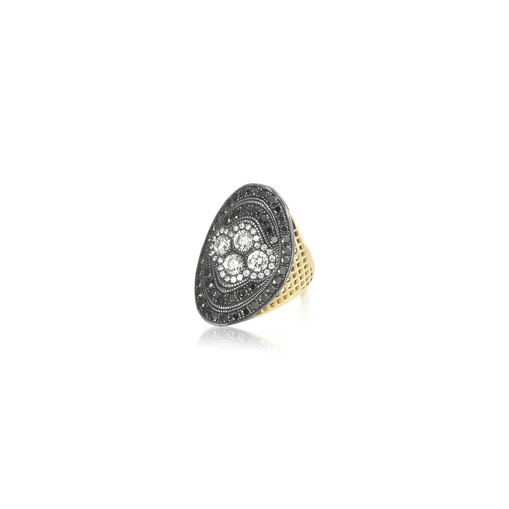 18K Yellow Gold/Oxidized Sterling Silver Crownwork Regency Ring with White and Black Diamonds