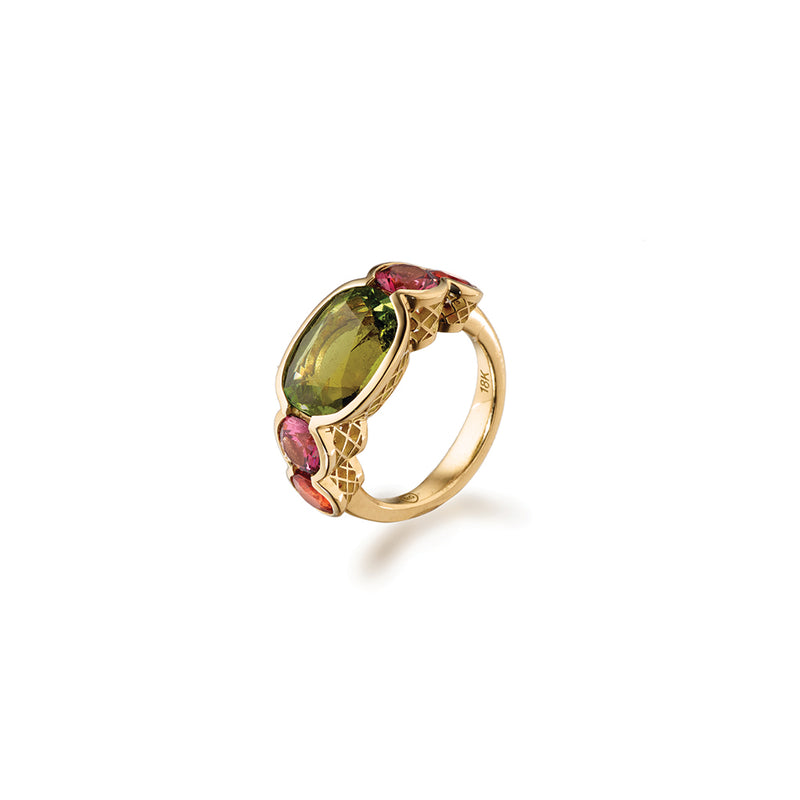 Scallop Ring with Tourmaline and Garnets