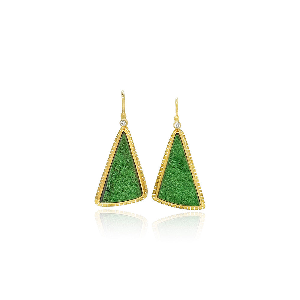 uvarovite drusy garnet earrings, trillion shaped with diamonds