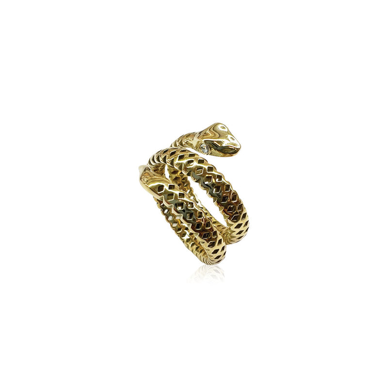 18K Gold Crownwork Double Wrap Snake Ring with Diamond Eyes