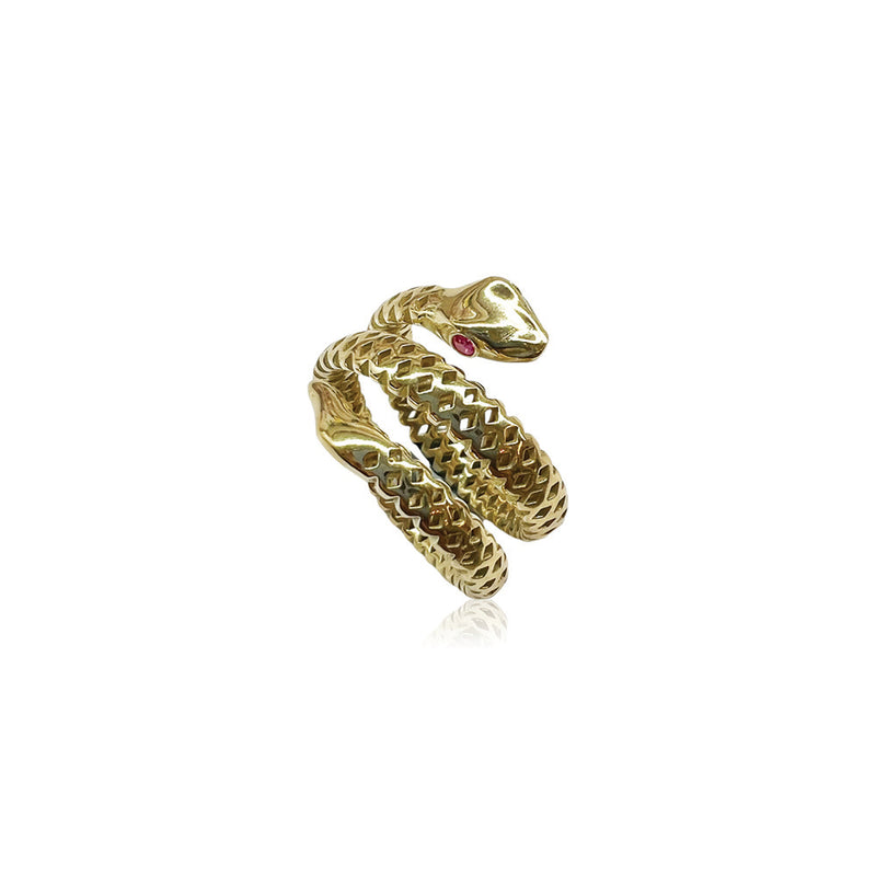 Gold Crownwork Double Wrap Snake Ring with Red Sapphire Eyes