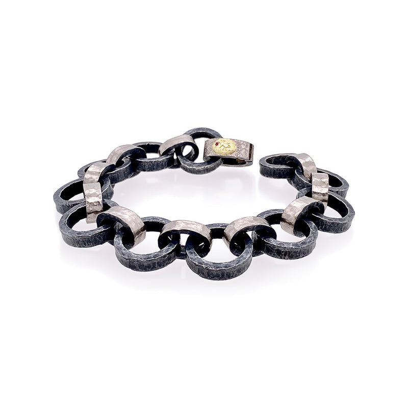 Hand-Forged, Mixed Link Bracelet in Platinum and Oxidized Sterling Silver