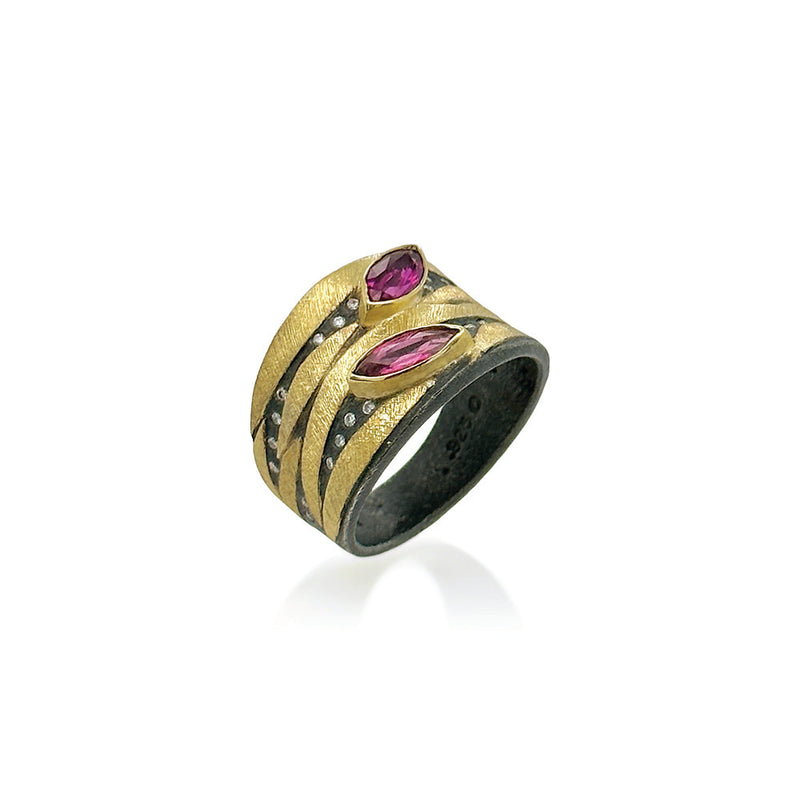 "Stripes" Cigar Ring with 2 Marquise Rubies