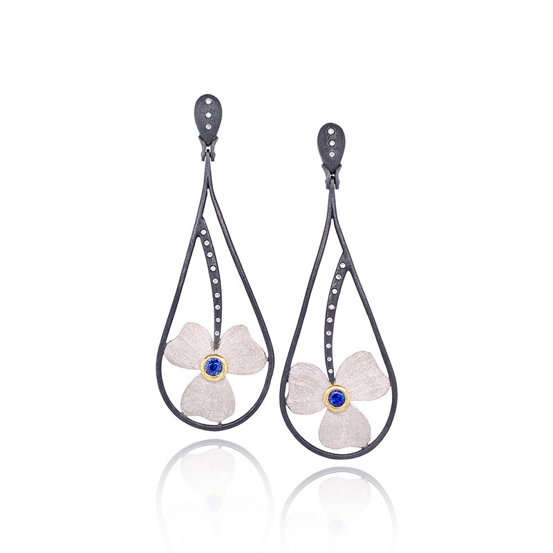 Flower Earrings with Platinum, Blue Sapphires and Diamonds