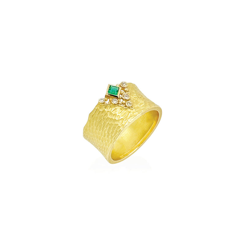 Carved Glacier Ring with Princess Cut Emerald and Diamonds