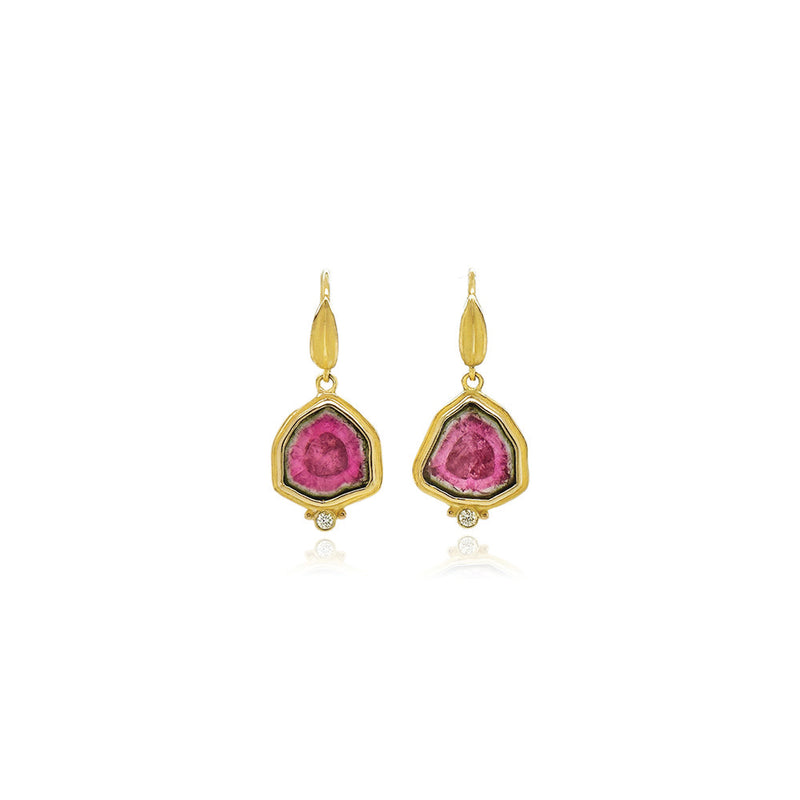 Watermelon Tourmaline Slice Earrings with Surround