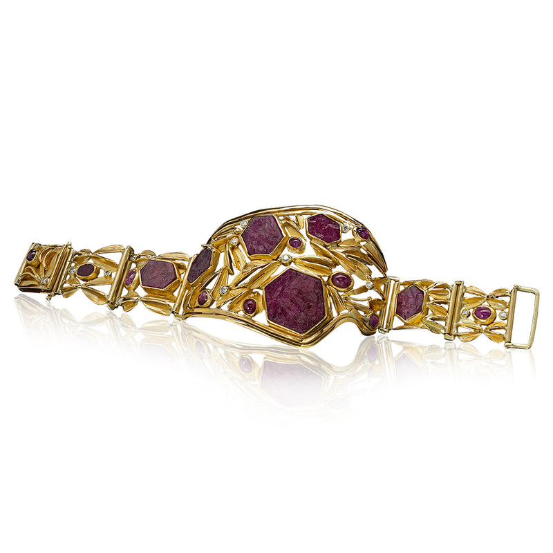 Natural Surface and Cabochon Ruby and Diamond Bracelet in 22K and 18K