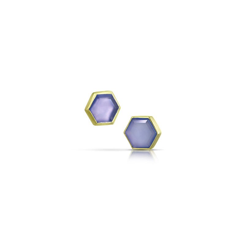 Hexagonal Stud Earrings, Chalcedony in 14K Green Gold