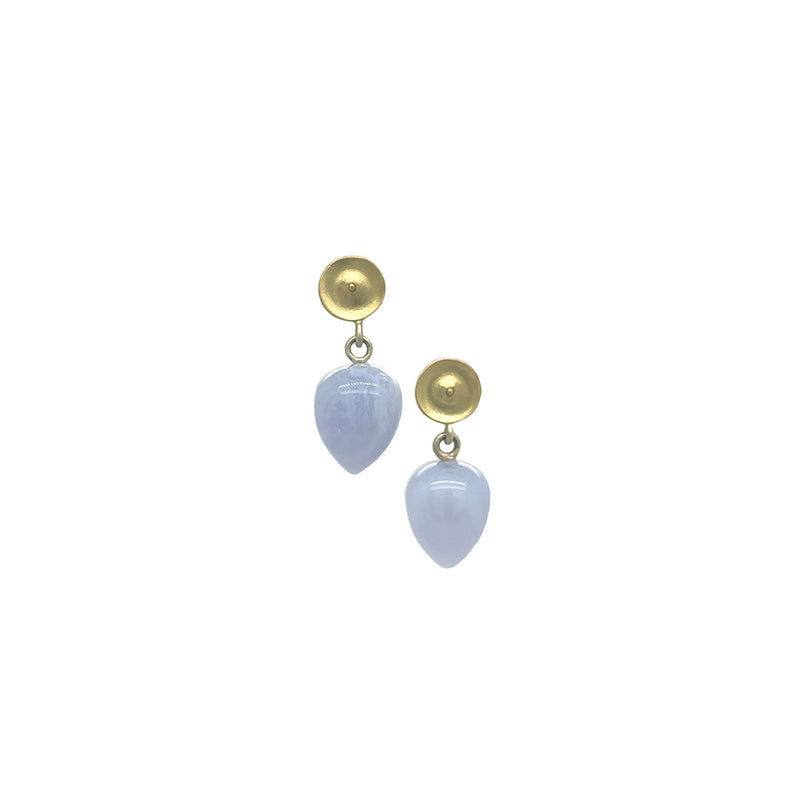 Temple Blue Lace Agate Drop Earrings in 18K Green Gold
