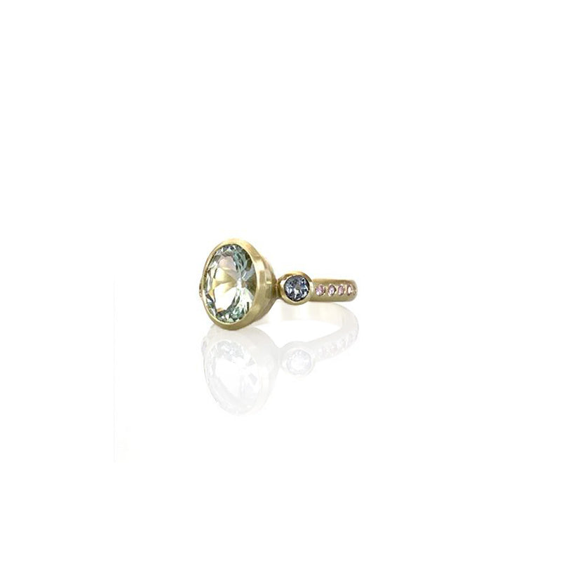 Three-Stone Ring with Mint Tourmaline, Blue Tourmaline, and Pink Sapphires in 14K Green Gold