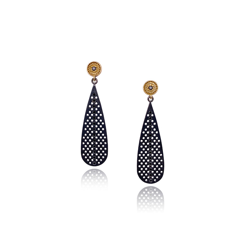 "Prelude" Teardrop Earrings with Black Diamonds in 18K Gold and Oxidized Sterling Silver
