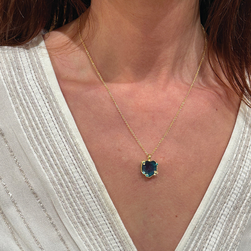 Paraiba Tourmaline Slice Necklace with Emeralds and Paraiba Tourmaline Accents