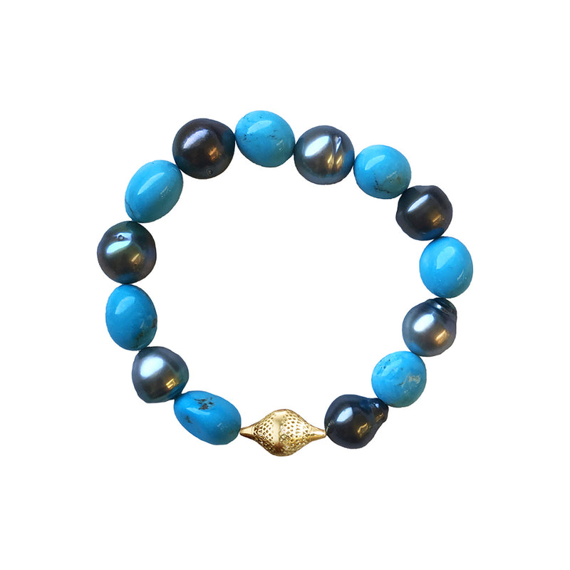 Turquoise and Tahitian Pearl Stretch Bracelet