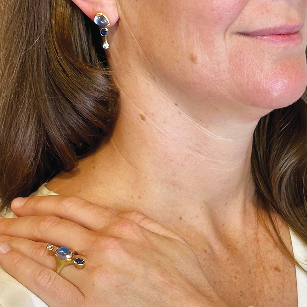 Blue Flash Moonstone, Sapphire and Diamond Earrings