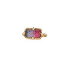 One-of-a-kind ring with a rectangular bi-color tourmaline in lavender and rubelite, in an East/West setting, 3.90 cttw. Tourmaline is 12 x 8mm set in an 18k gold bezel and band with granulated prongs and is a size 7.