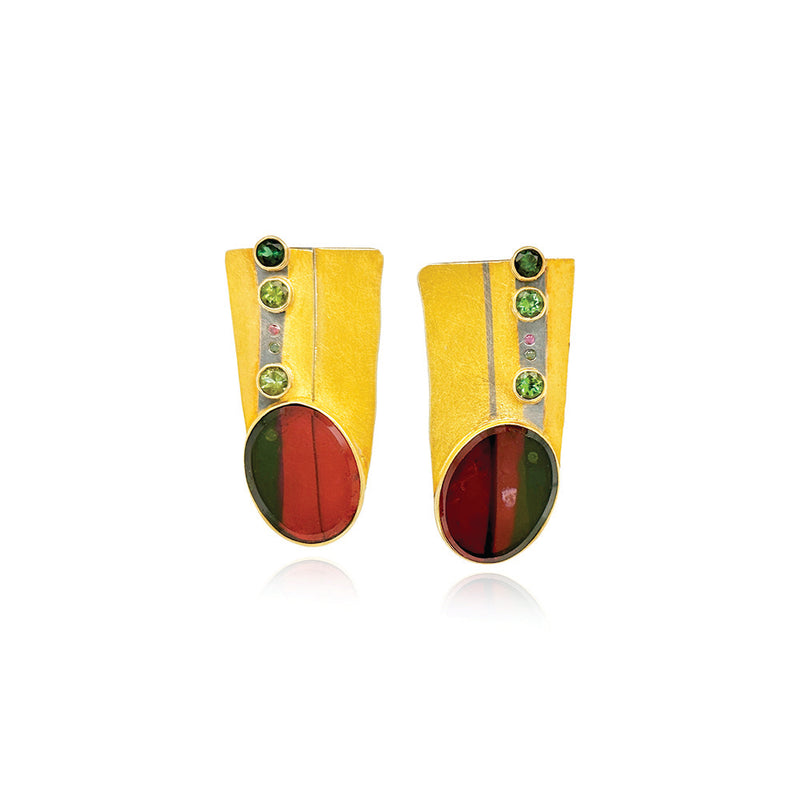 Oval Watermelon Tourmaline Earrings with Fancy Color Diamonds